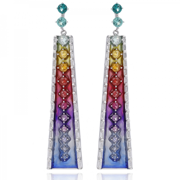 Boucles d'oreilles rondes en argent rhodié, zircons cubiques arc-en-ciel et émail arc-en-ciel 