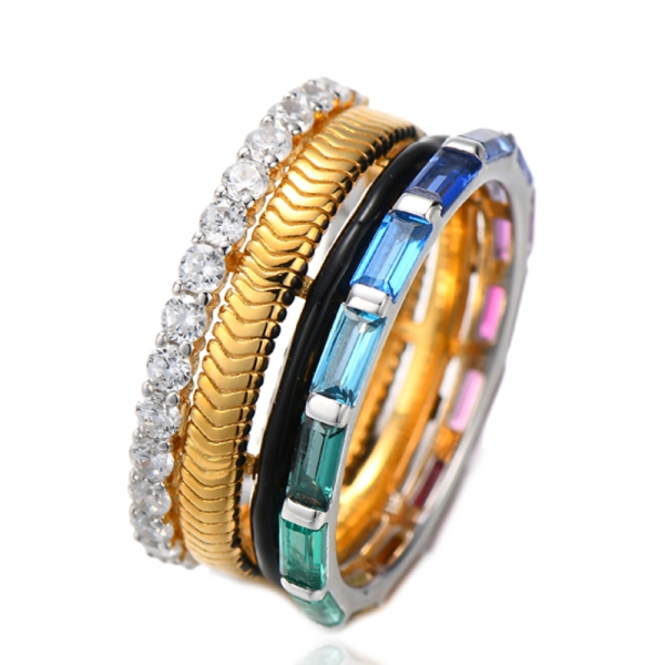 Bague ronde en argent avec zircon cubique arc-en-ciel et émail noir, placage bicolore 