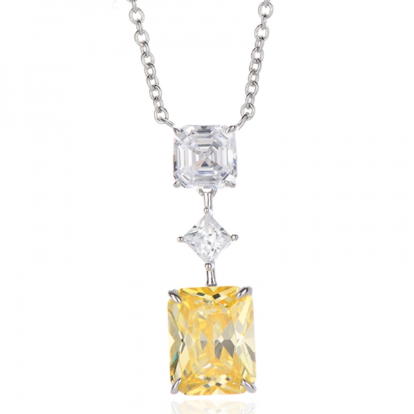 Collier en argent rhodié avec diamants octogonaux jaunes et zircons cubiques blancs Asscher 