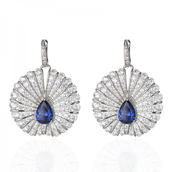 Boucles d'oreilles en argent rhodié avec tanzanite en forme de poire et zircon cubique blanc rond 