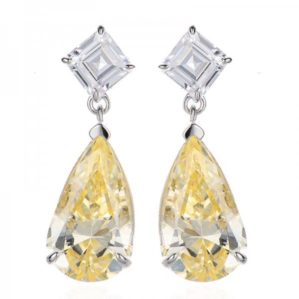 Boucles d'oreilles en argent rhodié, serties de diamants jaunes et de zircons cubiques blancs Asscher en forme de poire 