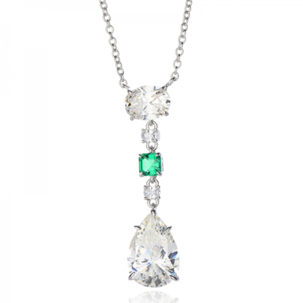 Collier en argent rhodié nano, serti de diamants en forme de poire, de zircons cubiques et de vert Asscher 