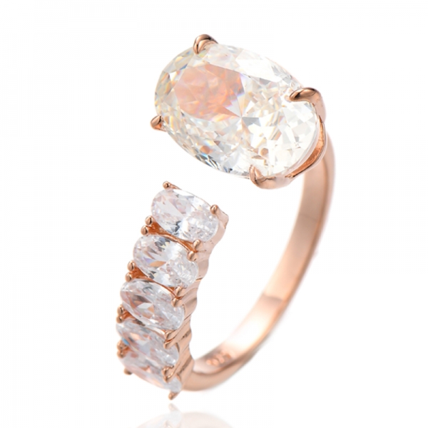 Bague ouverte en argent rhodié avec diamant ovale et zircon cubique bleu et blanc 