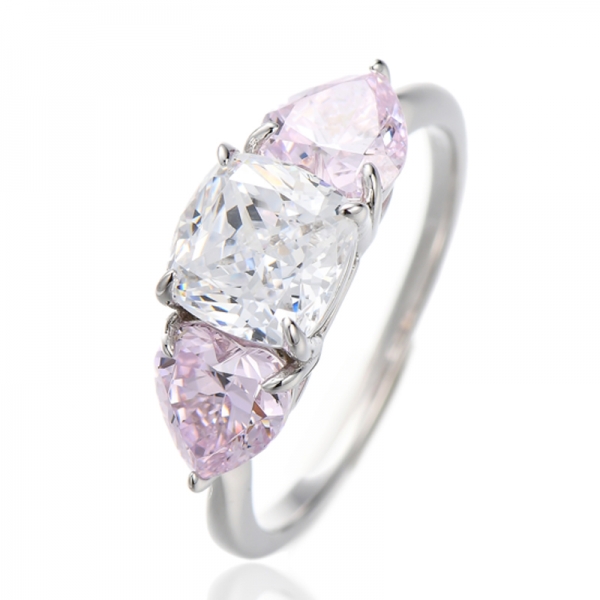 Bague en argent rhodié avec diamants roses en forme de cœur et zircons cubiques blancs coussin 