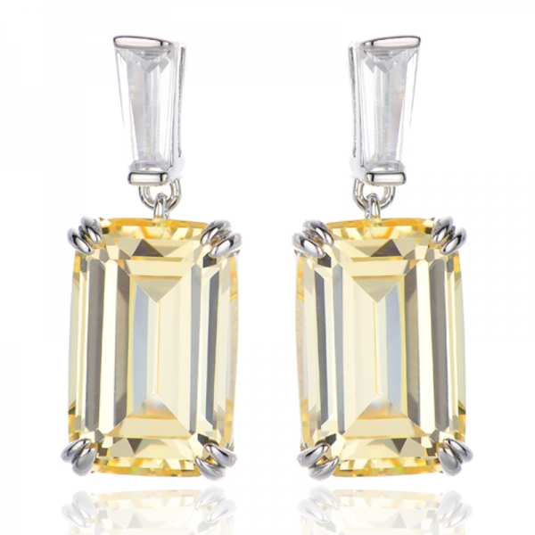 Boucle d'oreille en argent rhodié, diamant taille émeraude, zircon cubique jaune et blanc conique 