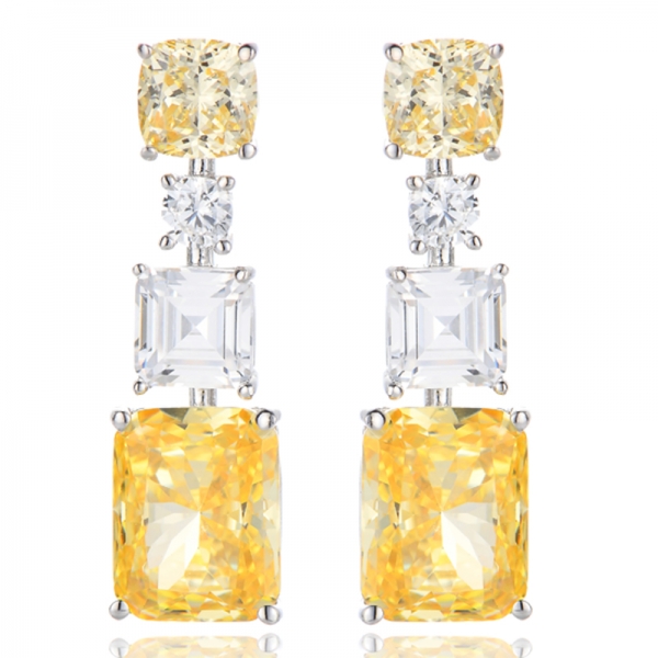 Boucles d'oreilles octogonales et coussin en argent rhodié avec zircon cubique jaune et diamant 