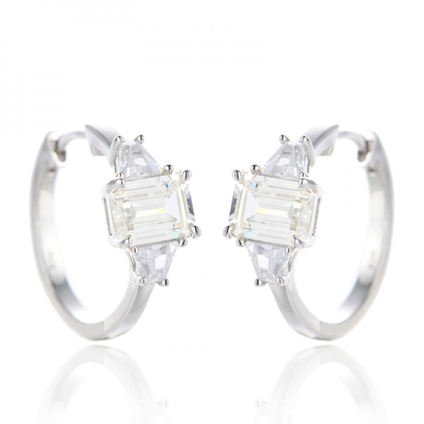 Boucle d'oreille en argent rhodié, diamant taille émeraude en forme de G et de bateau, zircone cubique blanc 