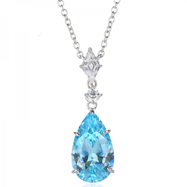 Collier en argent rhodié avec nano-aigue-marine en forme de poire et zircon cubique blanc en losange 