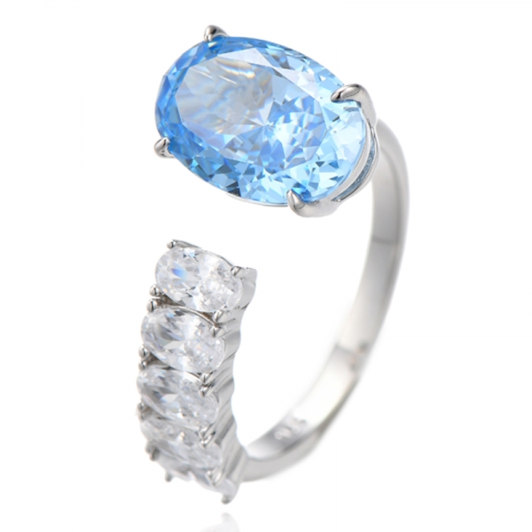 Bague ouverte en argent rhodié avec diamant ovale et zircon cubique bleu et blanc 