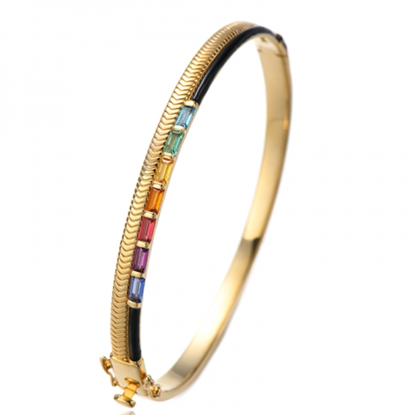Bracelet jonc en argent plaqué or avec zircons cubiques arc-en-ciel 