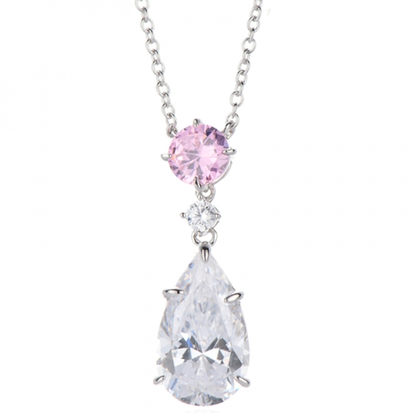 Collier en argent rhodié avec zircons cubiques blancs ronds en forme de poire et de rose 