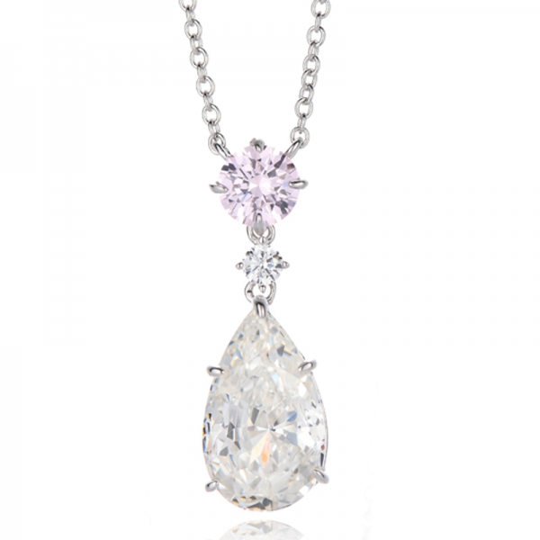 Collier en argent rhodié avec zircons cubiques blancs ronds en forme de poire et de rose 