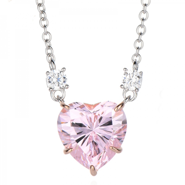 Collier en argent avec diamant en forme de cœur, zircon cubique rose et blanc rond, plaqué deux tons 