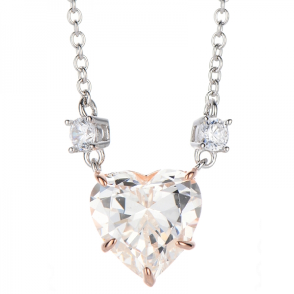 Collier en argent avec diamant en forme de cœur, zircon cubique rose et blanc rond, plaqué deux tons 