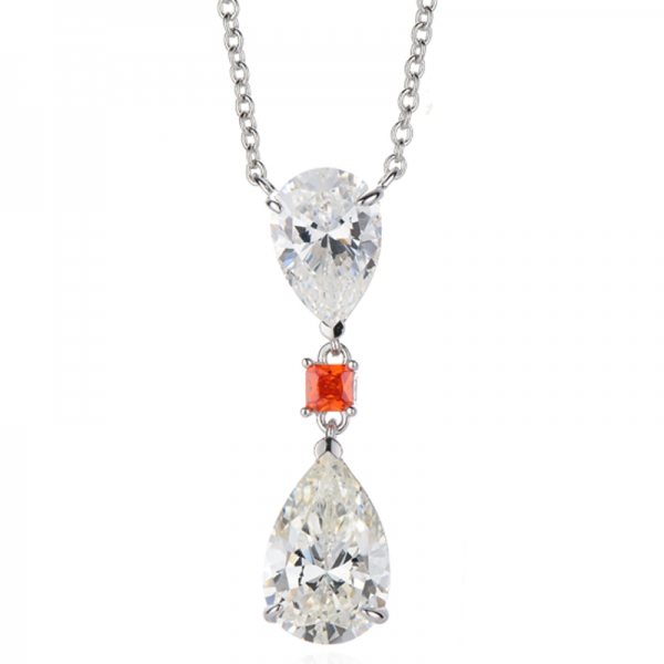 Collier en argent rhodié avec diamants en forme de poire et zircons cubiques orange octogonaux 