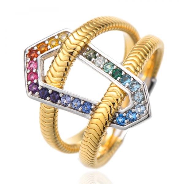 Bague en argent 925 avec zircon cubique arc-en-ciel rond et placage bicolore 