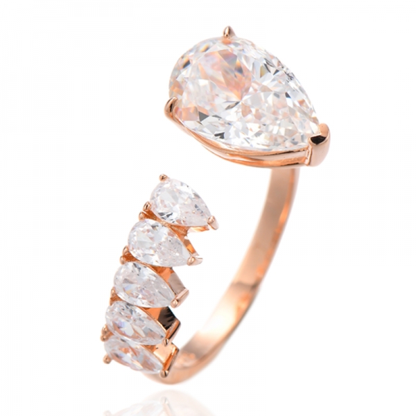 Bague ouverte en argent rhodié avec diamant en forme de poire et zircon cubique jaune et blanc 