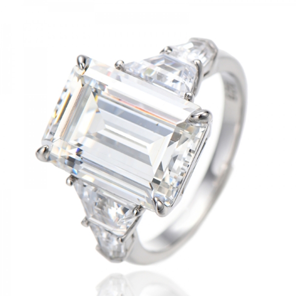 Bague en argent rhodié avec diamant taille émeraude jaune et zircon cubique blanc en forme de bateau 