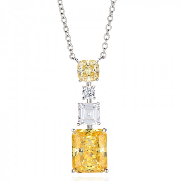 Collier en argent rhodié avec diamants octogonaux et coussins et zircons cubiques jaunes 