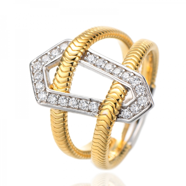Bague en argent 925 avec zircon cubique arc-en-ciel rond et placage bicolore 
