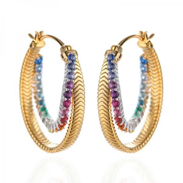 Boucles d'oreilles rondes en argent 925 avec zircon cubique arc-en-ciel et placage bicolore 