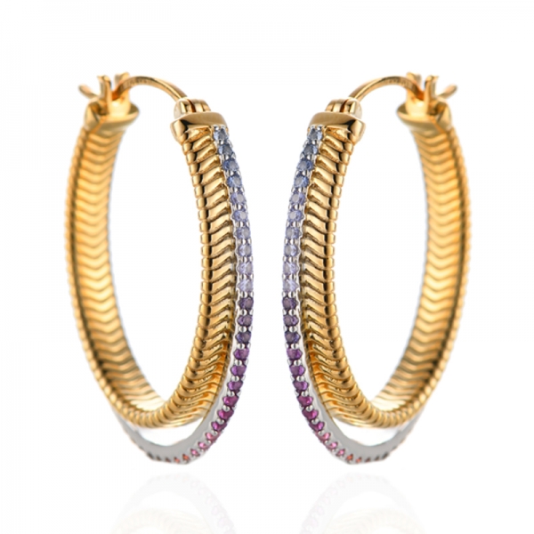 Boucles d'oreilles rondes en argent avec zircon cubique arc-en-ciel et placage bicolore 