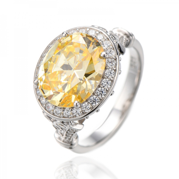 Bague en argent rhodié avec diamants ovales jaunes et zircons cubiques blancs marquise 