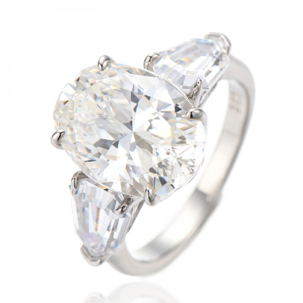 Bague en argent rhodié avec diamant ovale rose et zircon cubique blanc heptagonal 