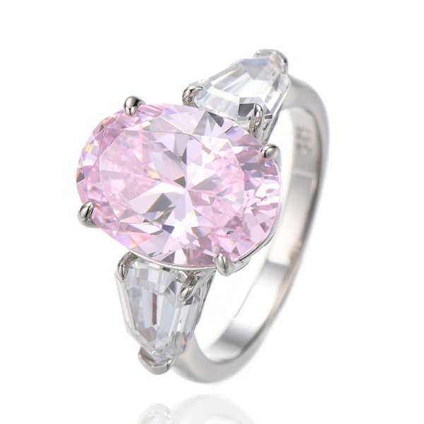Bague en argent rhodié avec diamant ovale rose et zircon cubique blanc heptagonal 