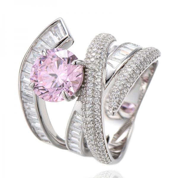 Bague en argent rhodié avec tanzanite ronde et zircon cubique blanc baguette 