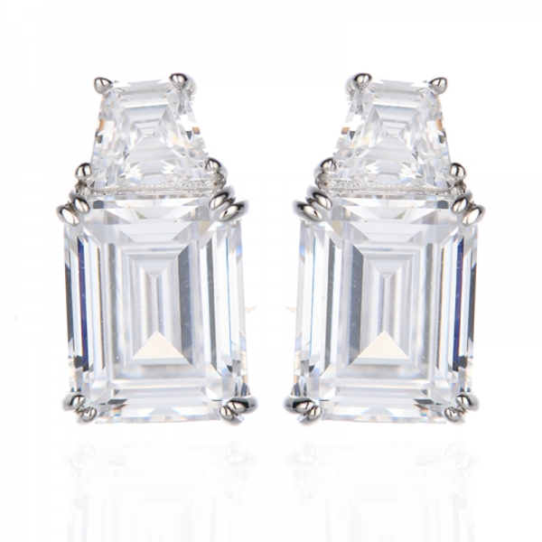 Boucles d'oreilles en argent rhodié, taille émeraude et forme bateau, serties de zircons cubiques blancs 