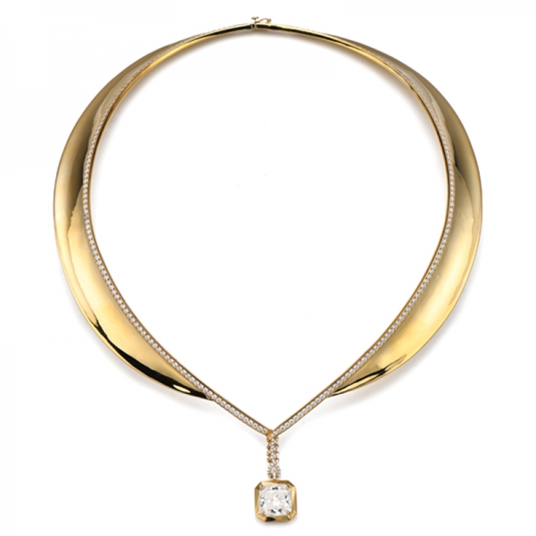 Collier en argent plaqué or avec diamant octogonal G et zircon cubique blanc rond 
