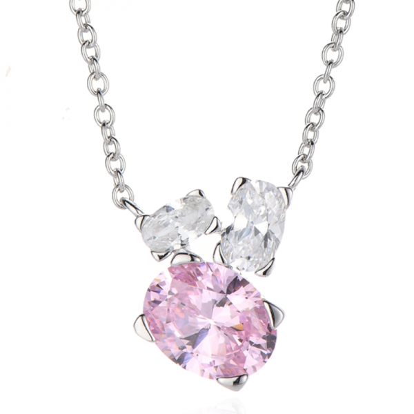 Collier en argent rhodié avec diamants ovales et zircons cubiques roses et blancs 
