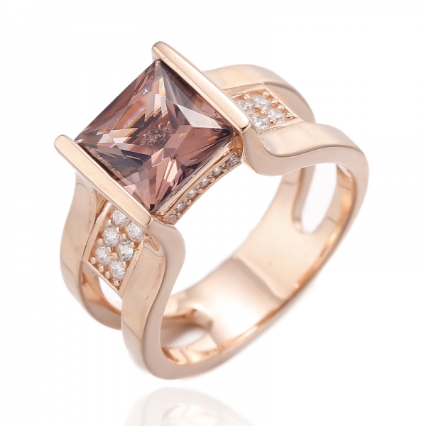 Bague en argent 925 avec nano-morganite carrée et zircon cubique blanc rond, plaqué or rose 