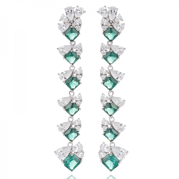 Boucles d'oreilles octogonales en argent rhodié, nano-oxydes de zirconium cubiques blancs en forme de poire et vert 