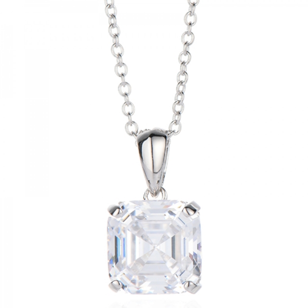 Collier Asscher en argent rhodié et zircon cubique blanc 