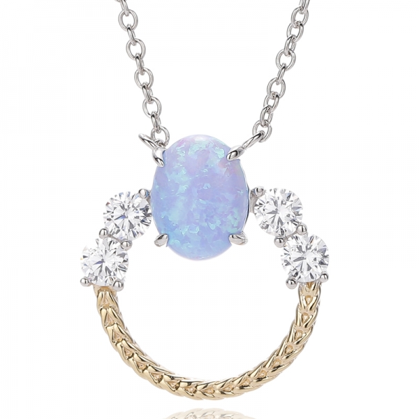 Collier en argent avec opale ovale et zircon cubique blanc rond, placage bicolore 