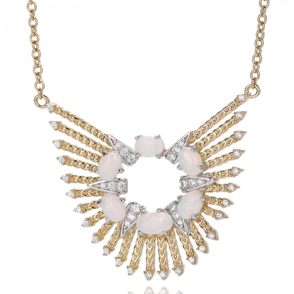 Collier en argent 925 avec opale ovale et zircon cubique blanc rond, placage bicolore 