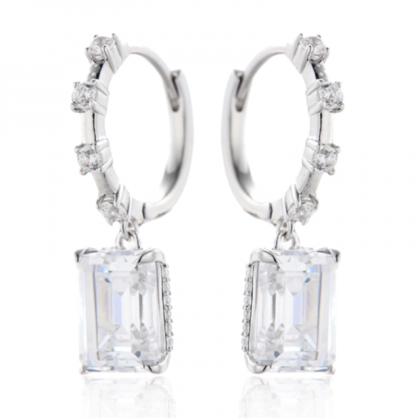 Boucles d'oreilles en argent rhodié, taille émeraude et zircon cubique blanc rond 