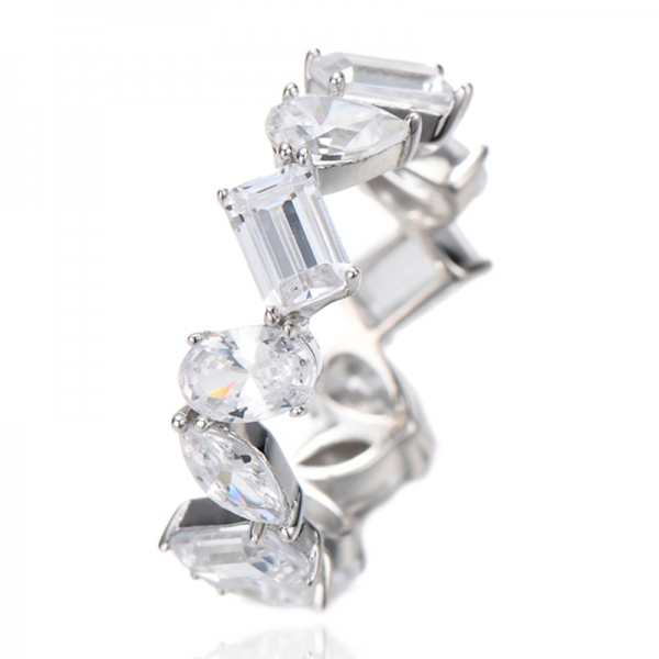 Bague d'éternité en argent rhodié avec zircon cubique blanc de forme marquise et ovale 