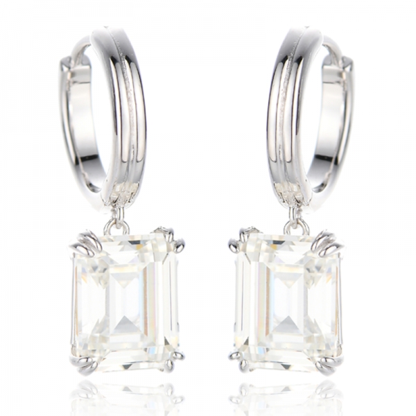 Boucle d'oreille en argent plaqué rhodium avec diamant taille émeraude et zircon cubique G 