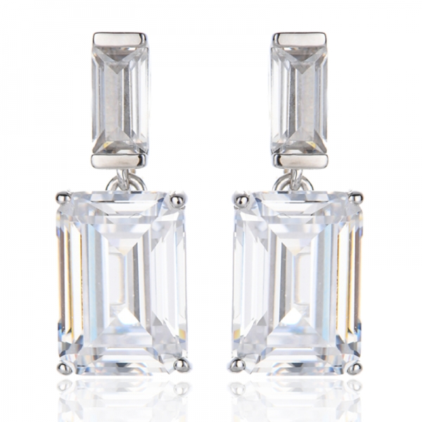 Boucles d'oreilles en argent rhodié, taille émeraude et zircon cubique blanc baguette 