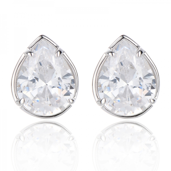 Boucles d'oreilles en argent rhodié, forme poire et zircon cubique blanc rond 