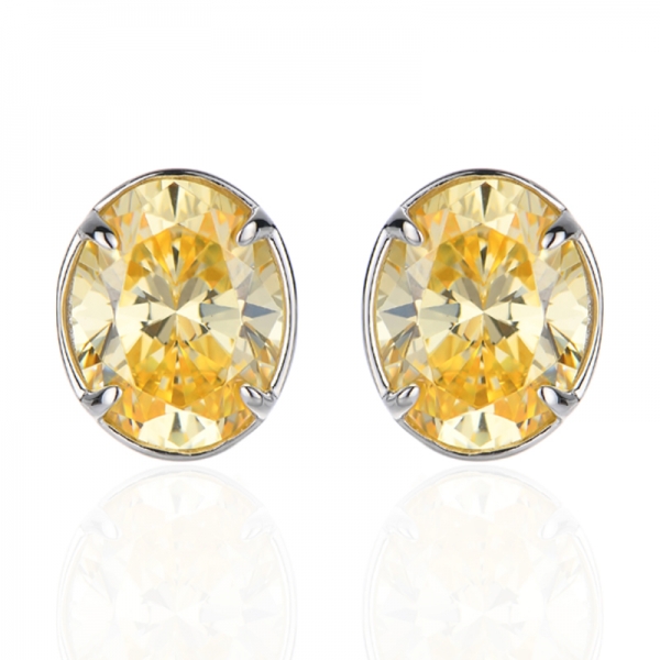 Boucles d'oreilles en argent 925 plaqué rhodium avec diamant ovale jaune et zircon cubique blanc rond 