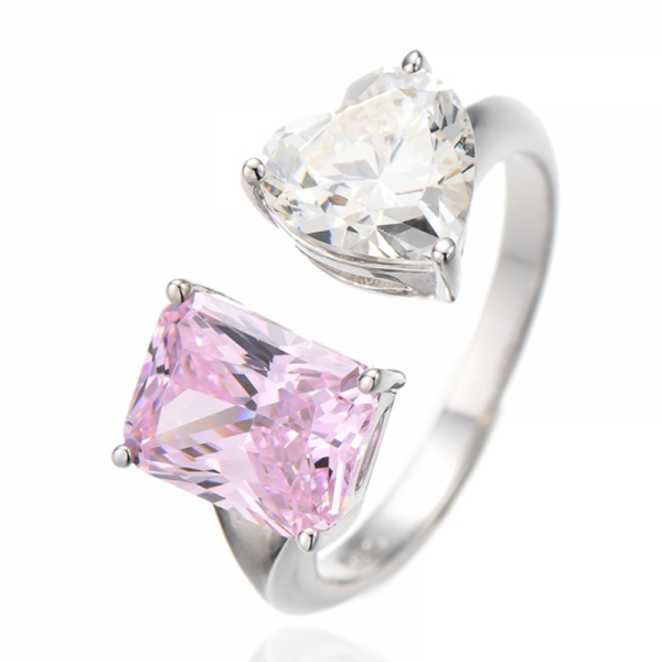 Bague ouverte en argent rhodié avec diamant octogonal rose et diamant en forme de cœur G et zircone cubique 