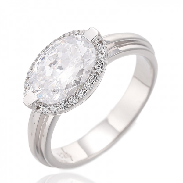 Bague en argent plaqué or rose avec diamant ovale rose et zircon cubique blanc rond 