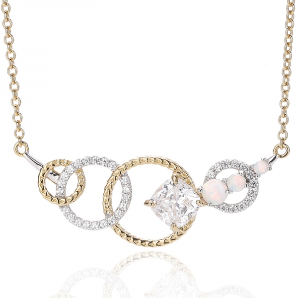 Pendentif en argent 925 avec opale ronde et zircon cubique blanc de forme coussin, plaqué bicolore 