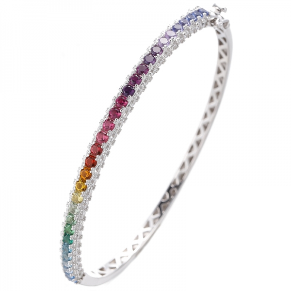 Bracelet rond en argent rhodié orné de zircon cubique blanc et arc-en-ciel et de zircon cubique 