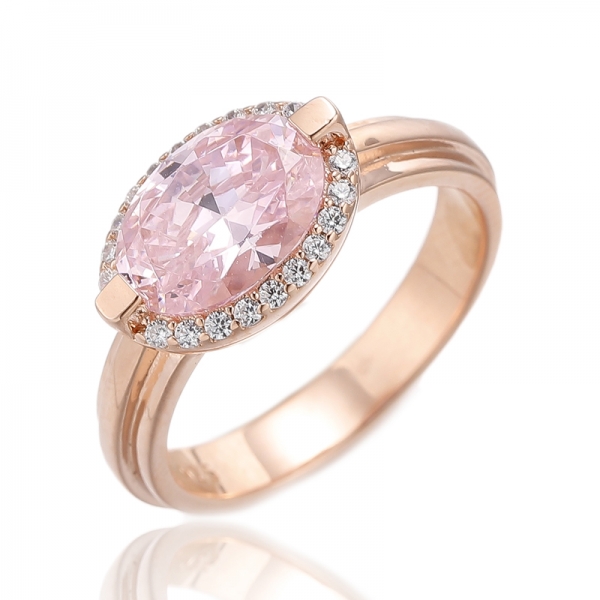 Bague en argent plaqué or rose avec diamant ovale rose et zircon cubique blanc rond 
