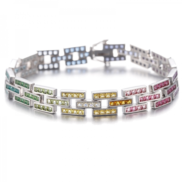Bracelet carré en argent rhodié et zircon cubique arc-en-ciel 